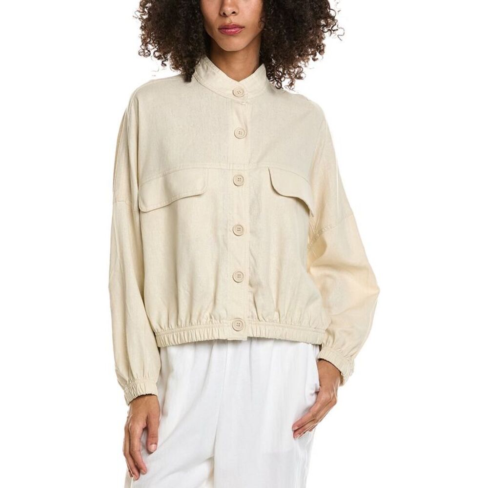 Max Studio Womens  Linen-Blend Bomber Shirt Jacket, Brown